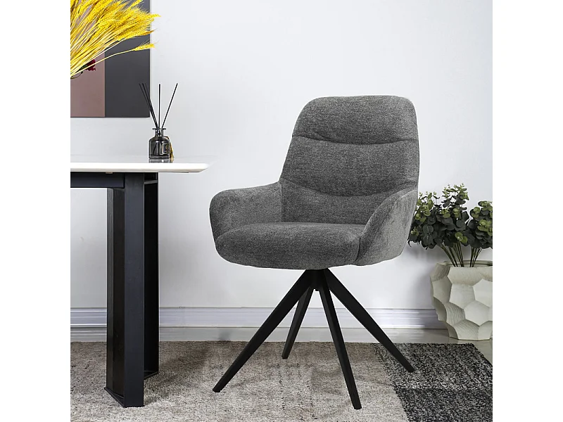 Chaise pivotante tissu doux gris avec accoudoirs pied métal noir - EVA