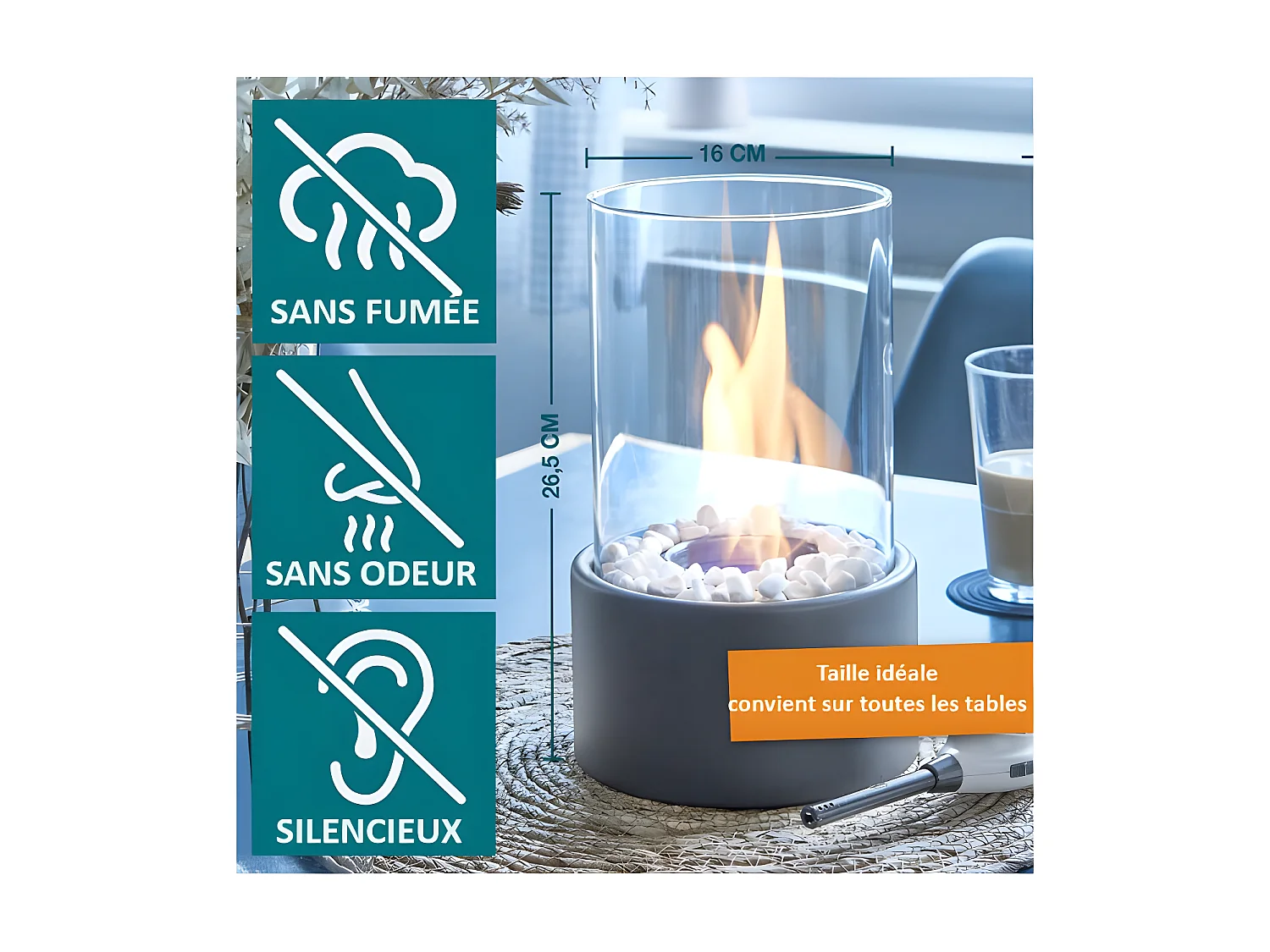 Cheminée de table portable au bioéthanol de haute qualité pour l'intérieur et l'extérieur avec pierres décoratives