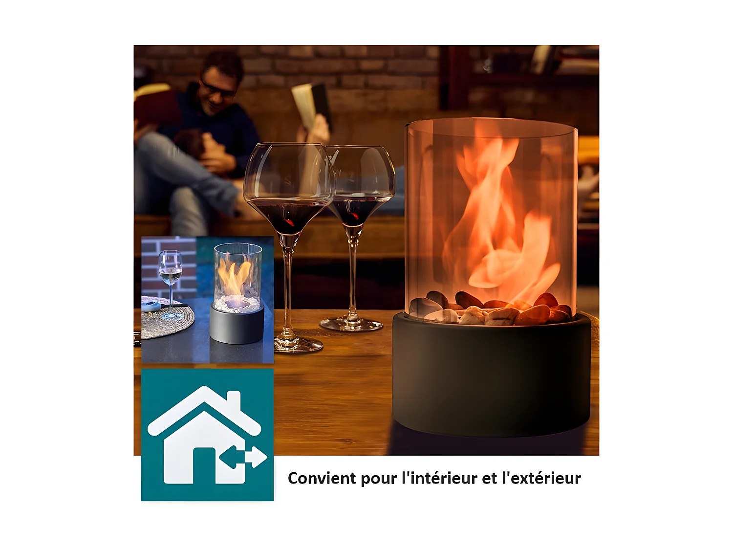 Cheminée de table portable au bioéthanol de haute qualité pour l'intérieur et l'extérieur avec pierres décoratives