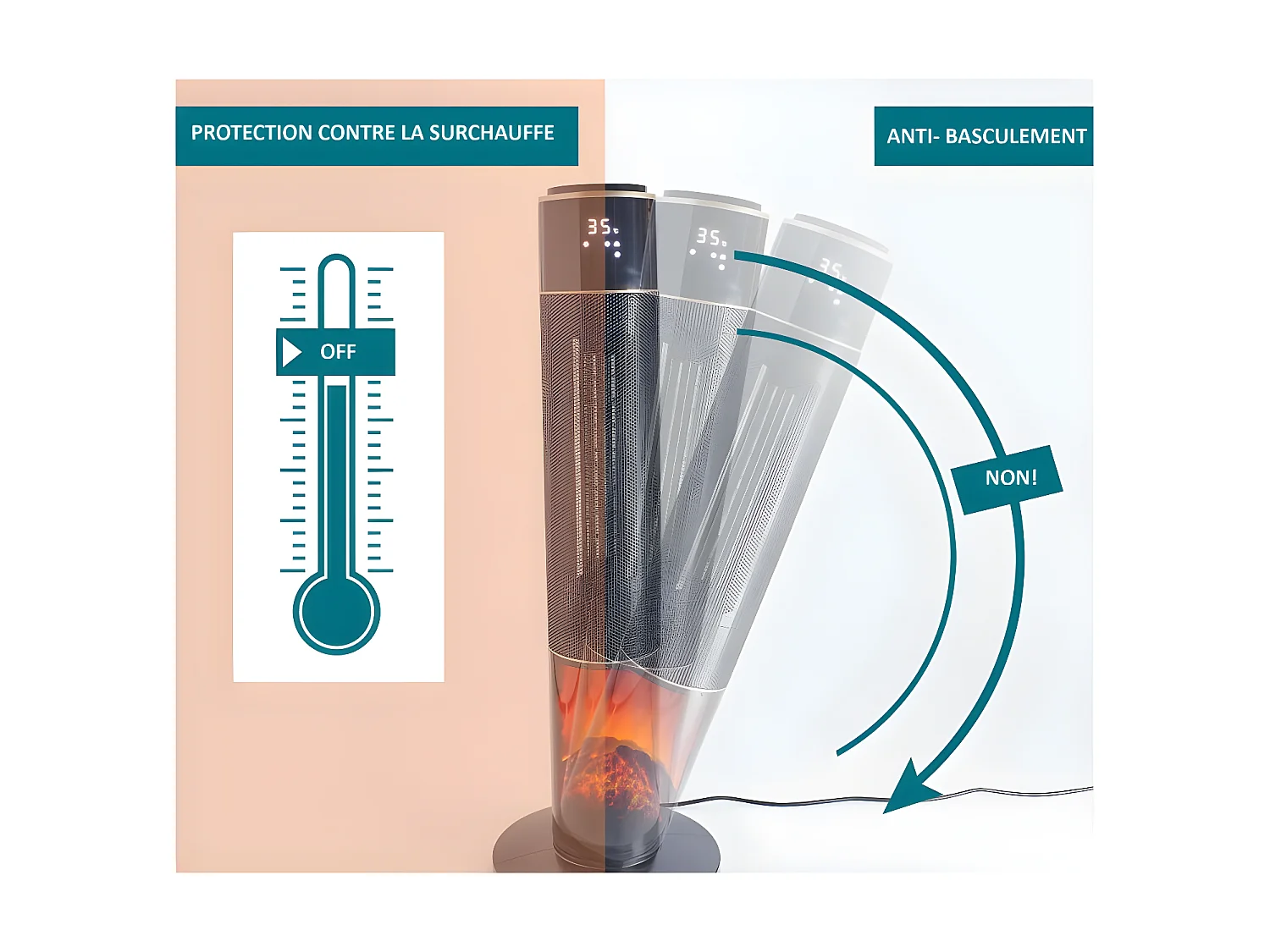 Radiateur Ventilateur électrique céramique avec effet cheminée chauffage mobile 20m2