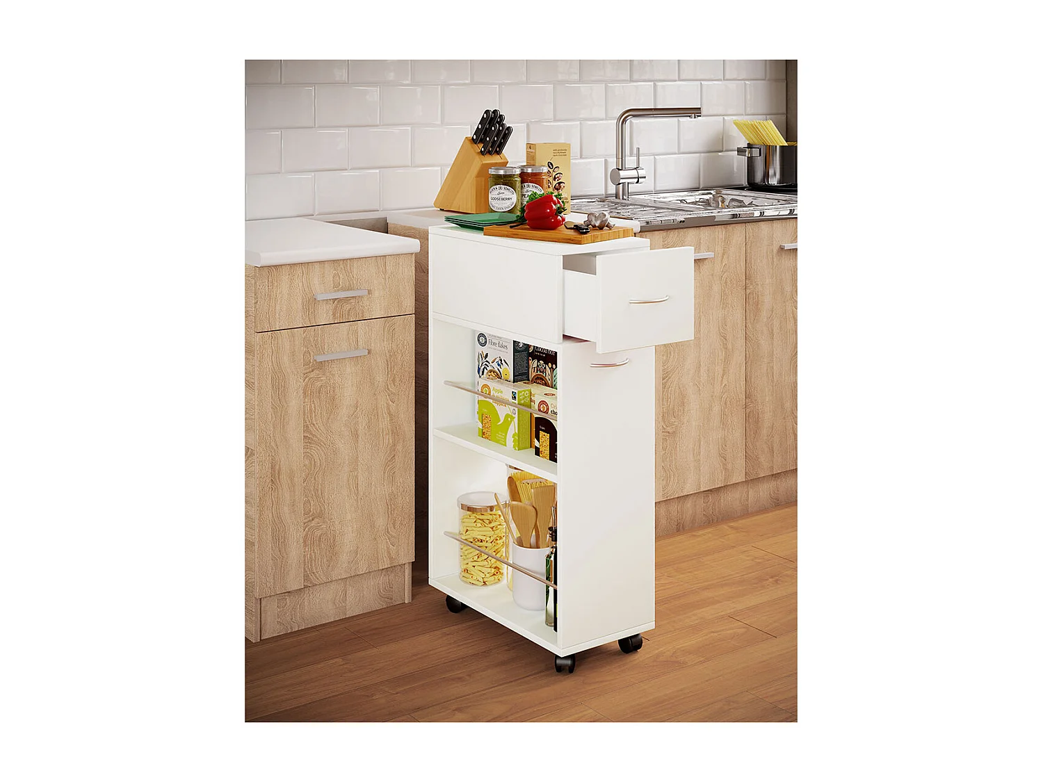Kitchen furniture serving trolley Tusal White H. 85 x W. 25 x D. 50 cm