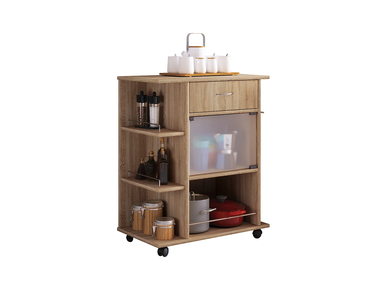 Kitchen furniture serving trolley Pocis Sonoma Oak H. 80 x W. 65 x D. 39 cm