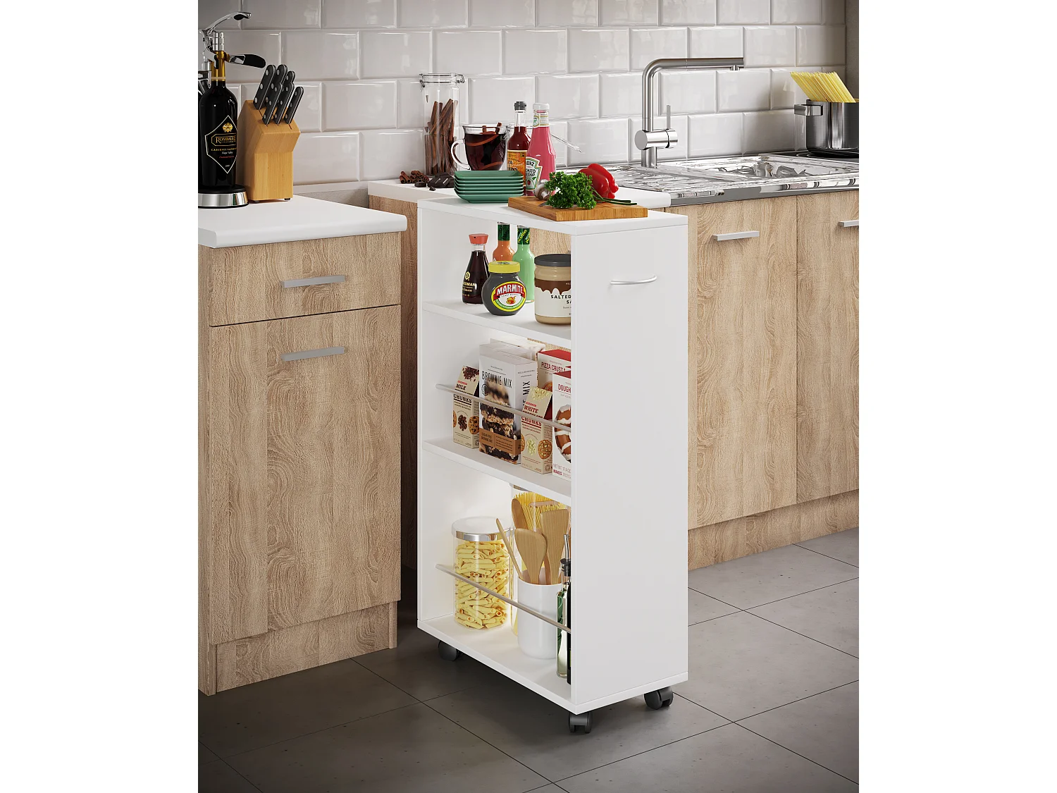 Kitchen furniture serving trolley Tusal White H. 85 x W. 25 x D. 50 cm