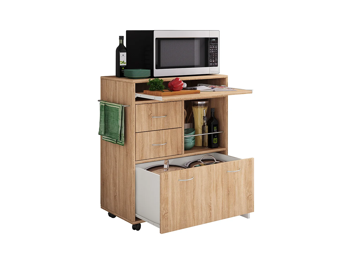 Kitchen furniture serving trolley Kicha Sonoma Oak H. 86 x W. 70 x D. 40 cm