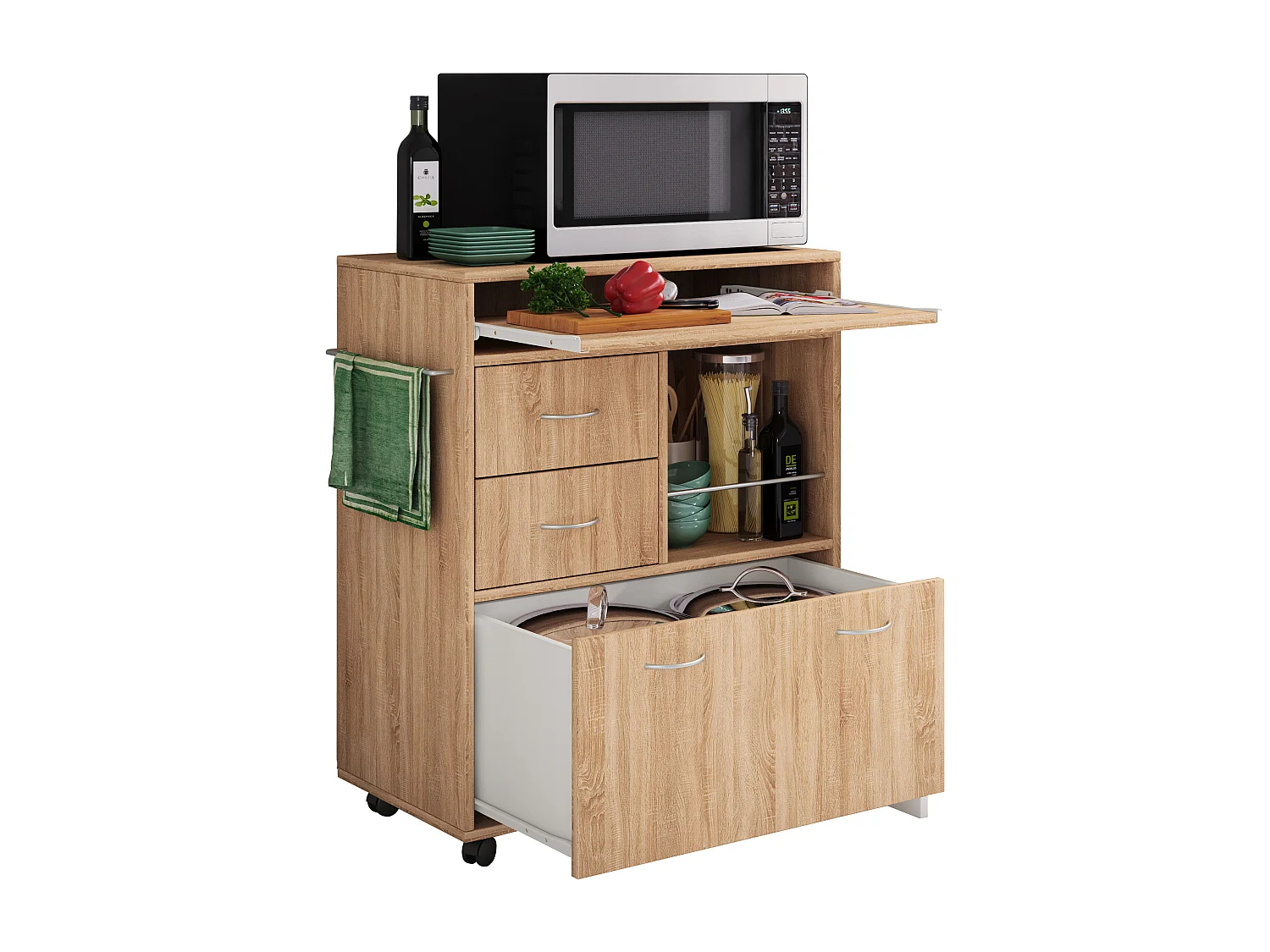 Kitchen furniture serving trolley Kicha Sonoma Oak H. 86 x W. 70 x D. 40 cm