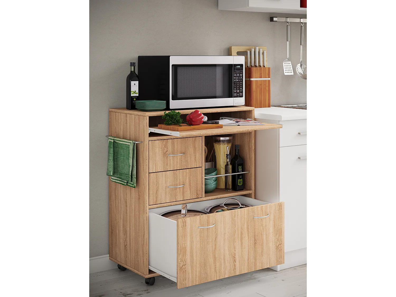 Kitchen furniture serving trolley Kicha Sonoma Oak H. 86 x W. 70 x D. 40 cm