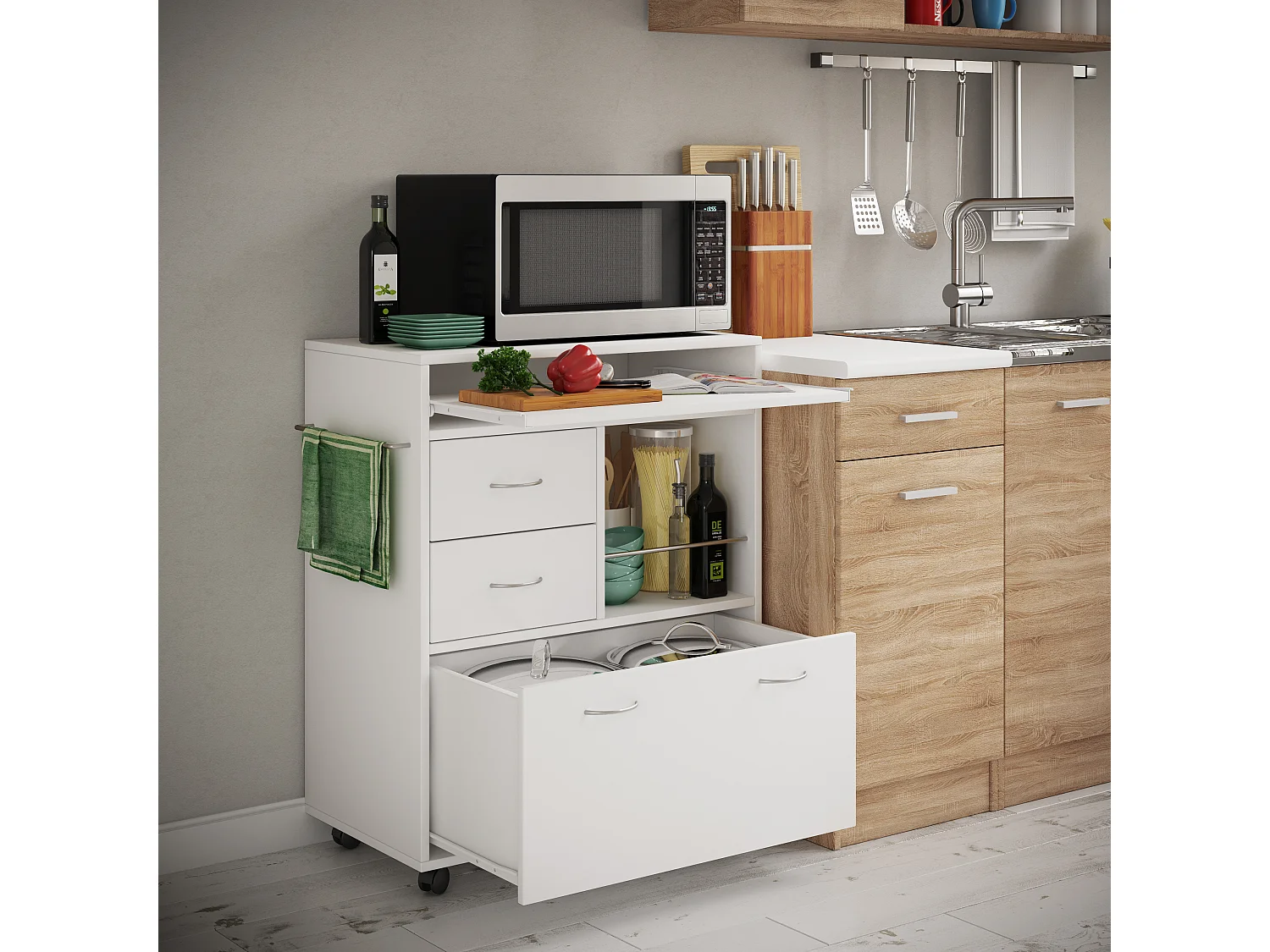 Kitchen furniture serving trolley Kicha White H. 86 x W. 70 x D. 40 cm