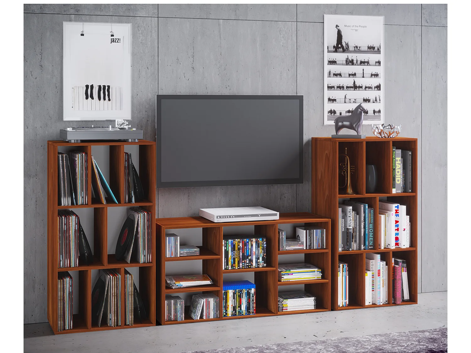 Prateleira de registro de madeira VCM | Divisor de salas | Dimensões A. 120 x L. 60 x P. 40 cm | Prateleira de mídia - Schalino (noz de núcleo)