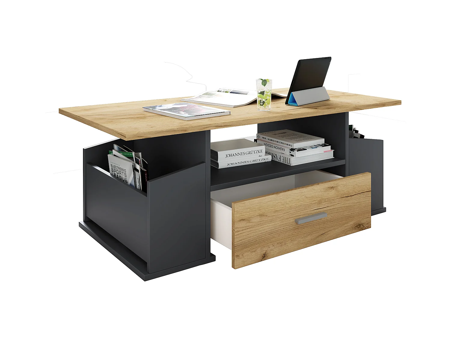 Side table & coffee table Junata Anthracite / honey oak H. 44 x W. 110 x D. 52 cm