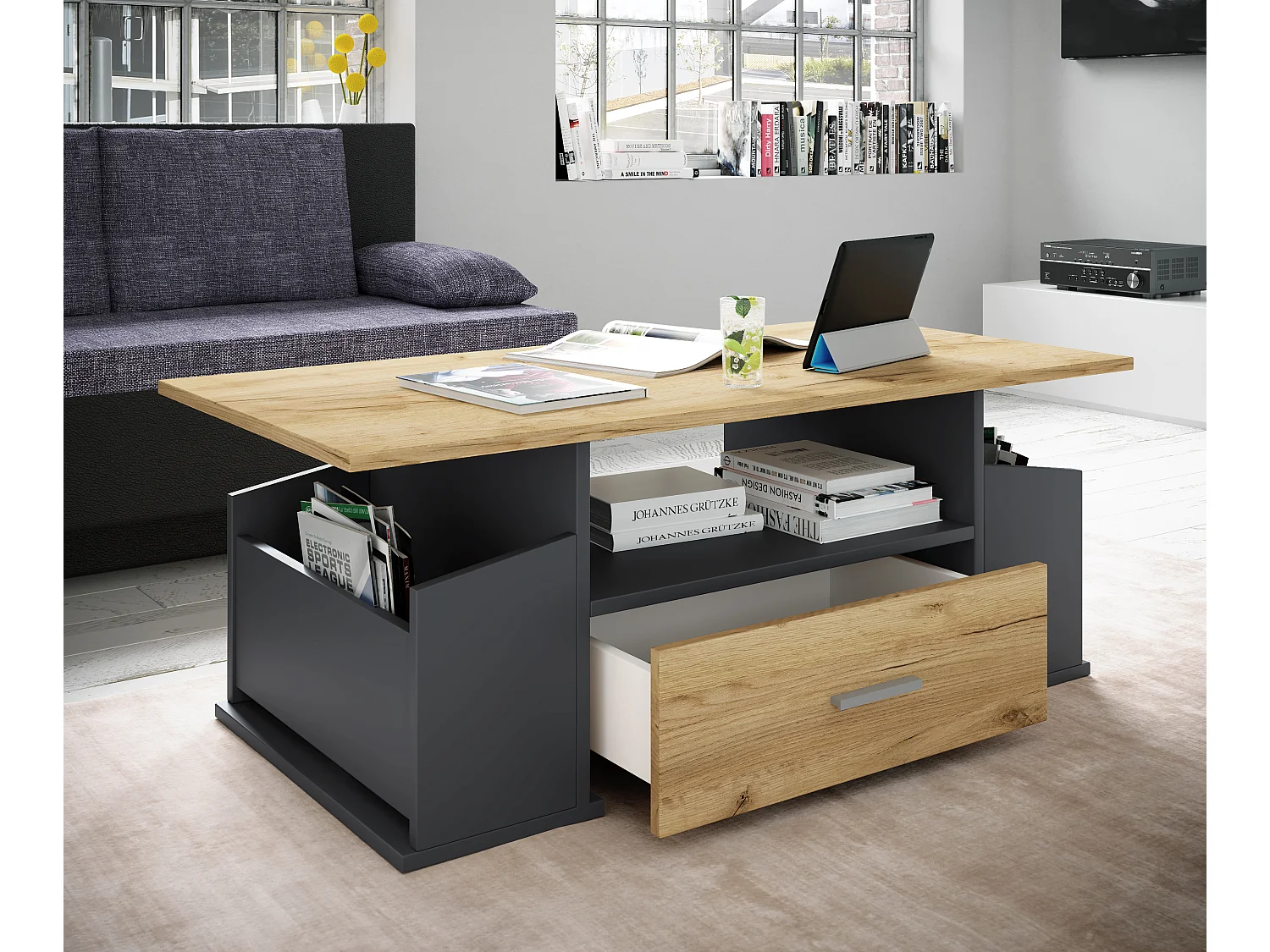 Side table & coffee table Junata Anthracite / honey oak H. 44 x W. 110 x D. 52 cm