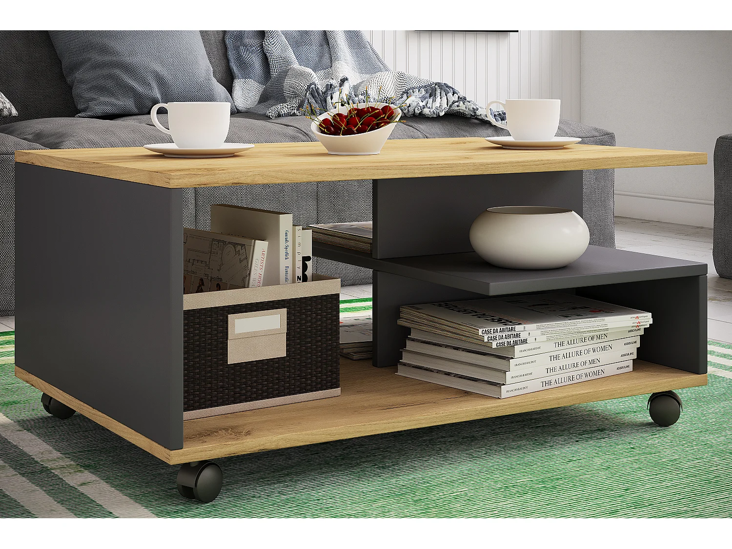 Holz Sofatisch Couchtisch Rollen rollbar Stango L