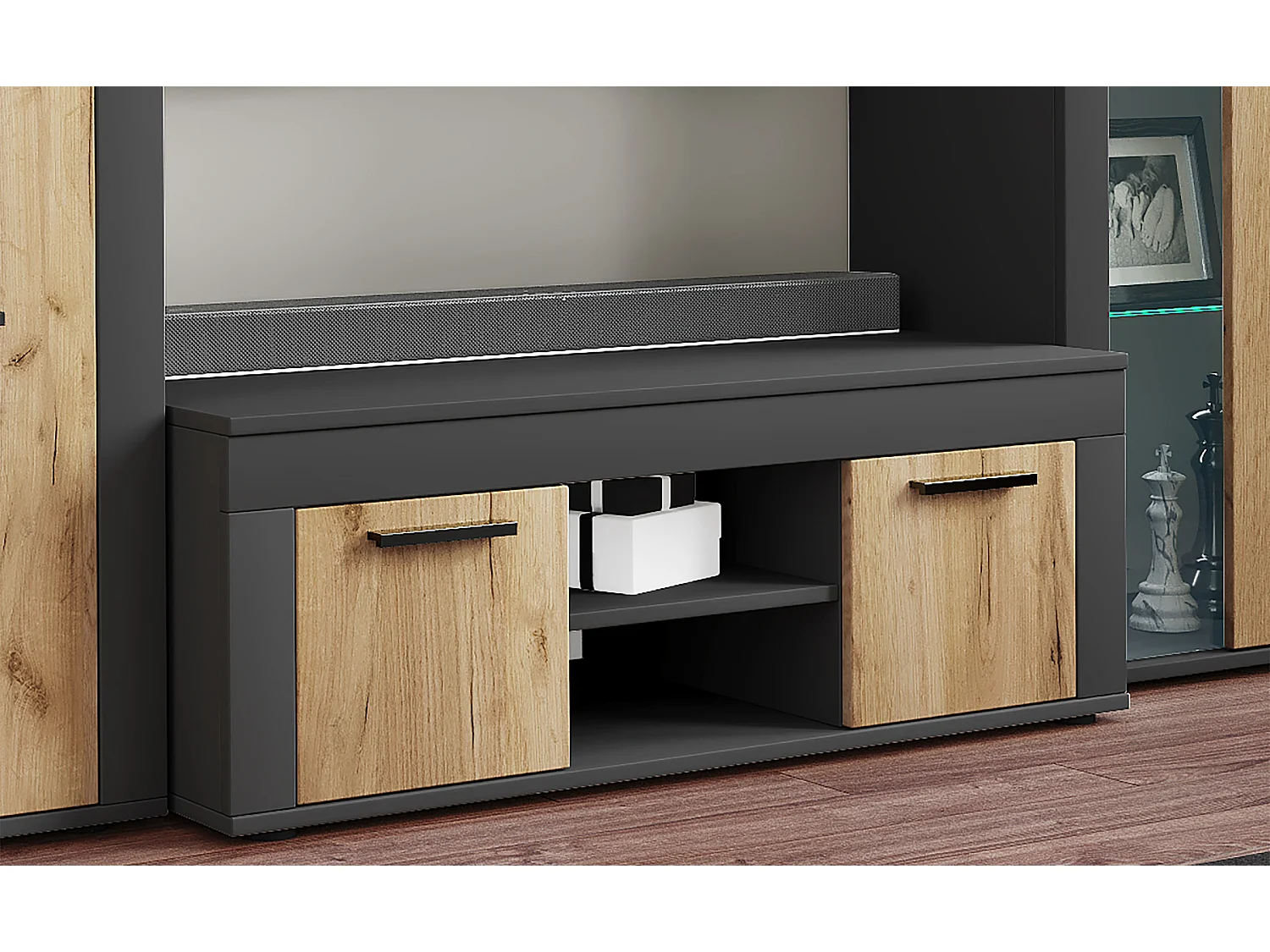 TV Furniture Usilo Anthracite / honey oak H. 37 x W. 102 x D. 45 cm