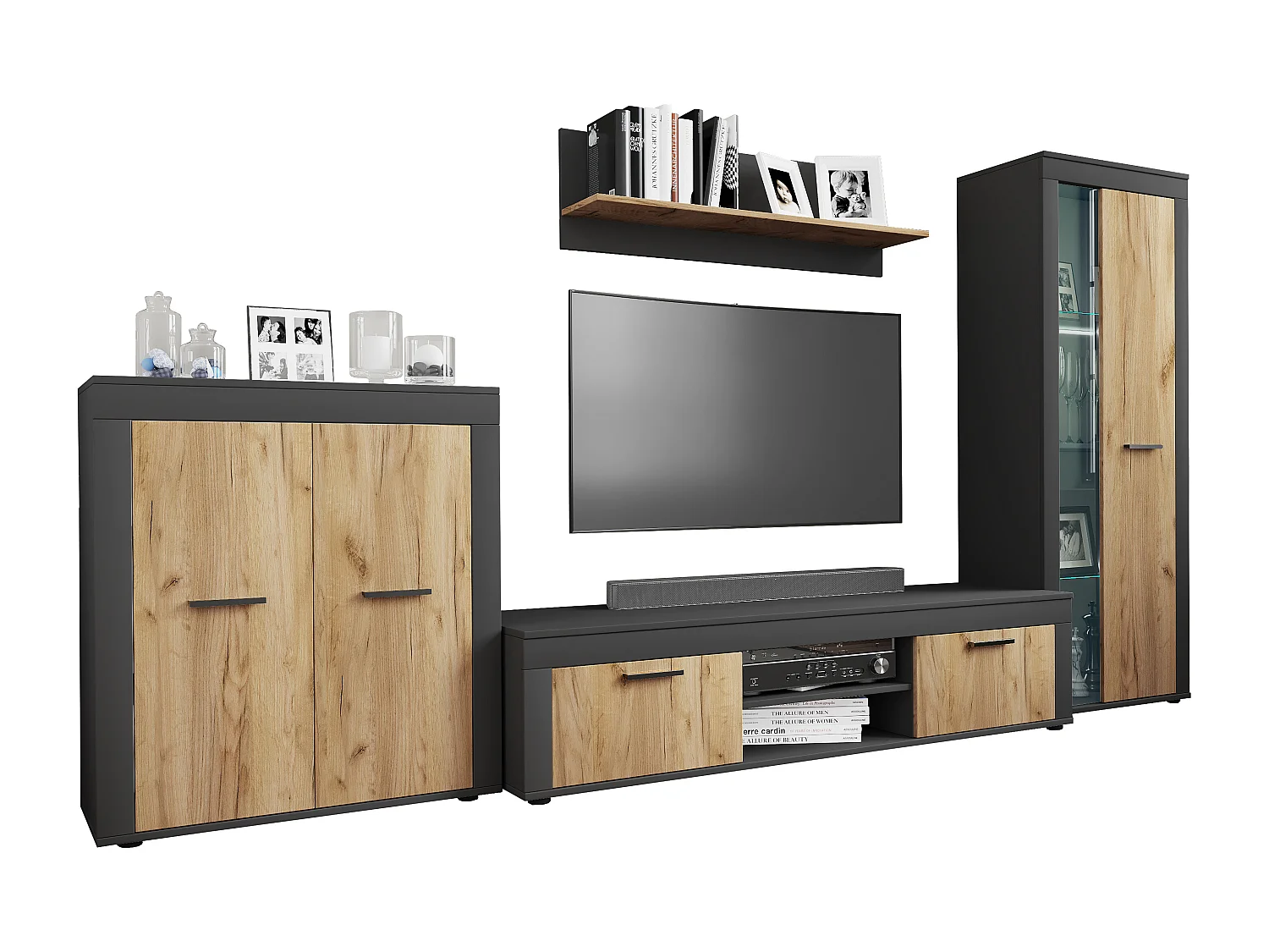 TV Furniture Usilo Anthracite / honey oak H. 159 x W. 300 x D. 37 cm
