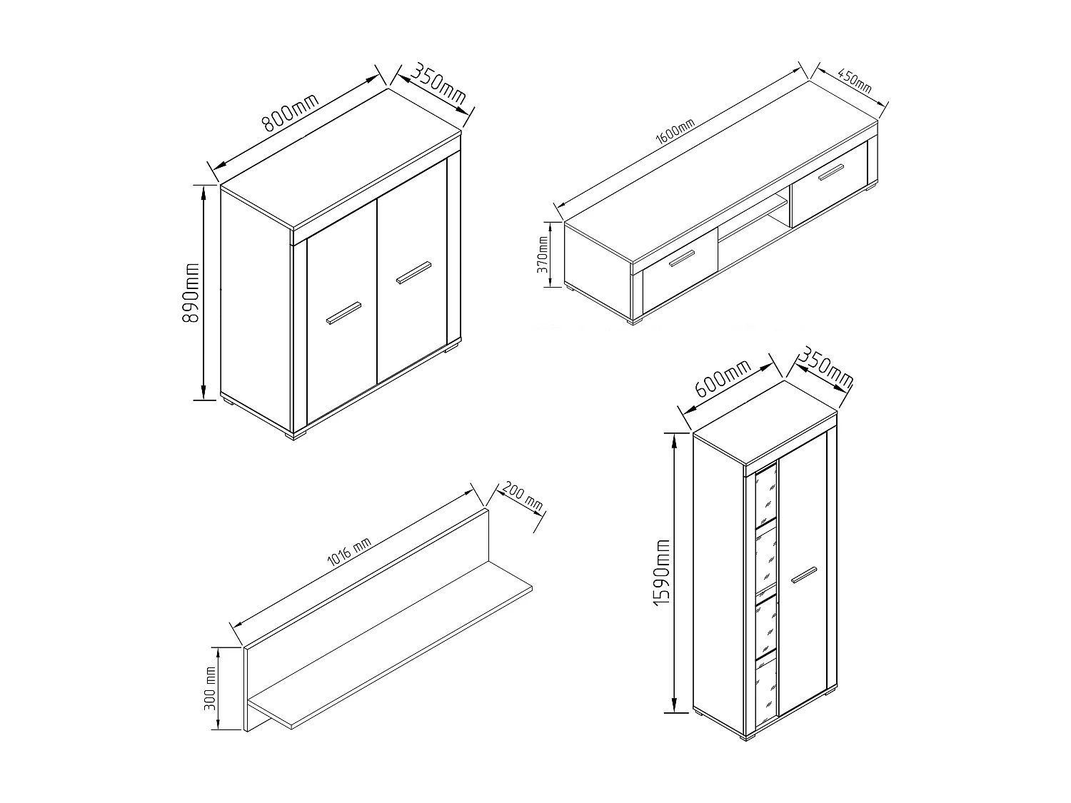 TV Furniture Usilo Anthracite / honey oak H. 159 x W. 300 x D. 37 cm