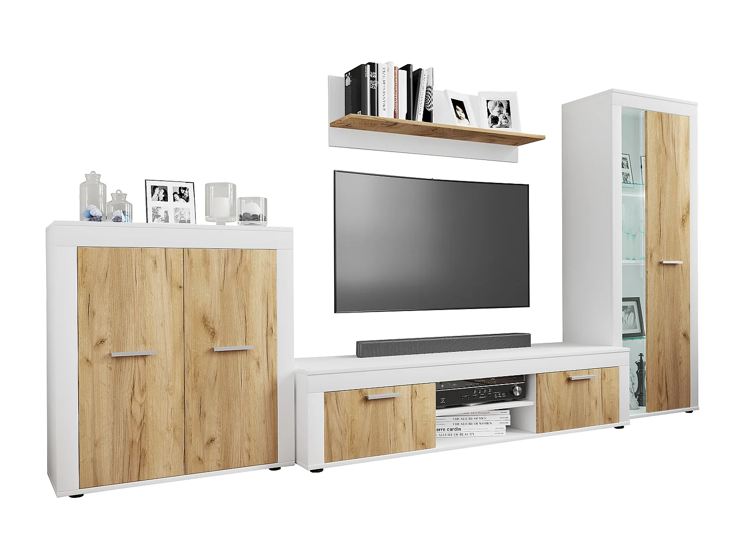 TV Furniture Usilo White / Honey oak H. 159 x W. 300 x D. 37 cm
