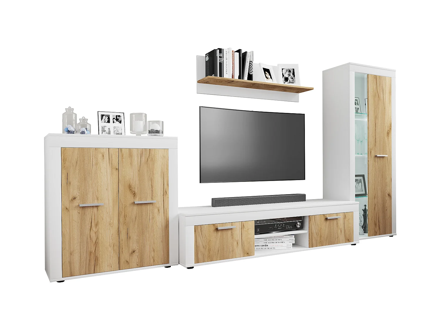 TV Furniture Usilo White / Honey oak H. 159 x W. 300 x D. 37 cm