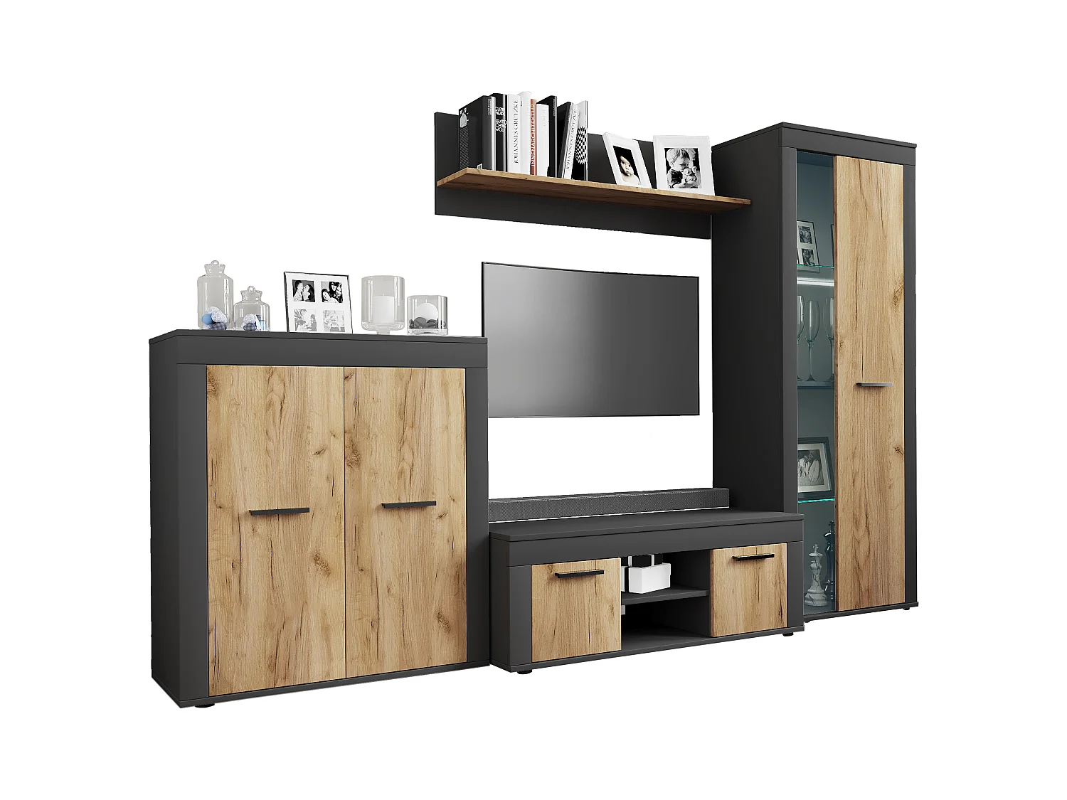 TV Furniture Usilo Anthracite / honey oak H. 159 x W. 242 x D. 37 cm