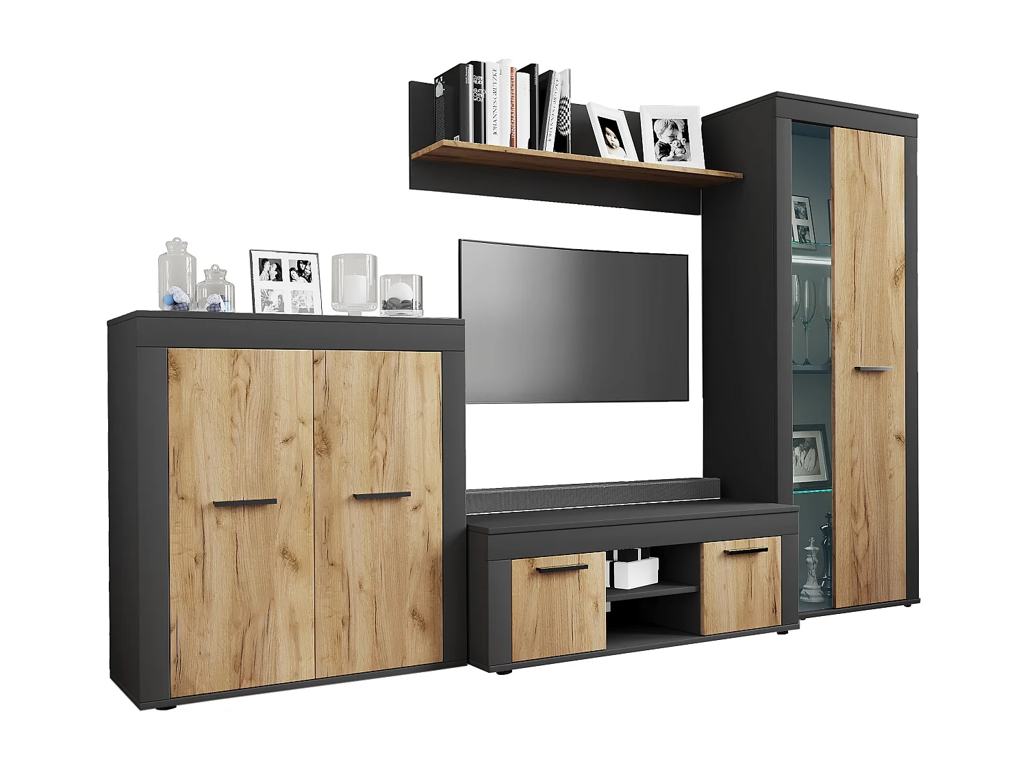 Mobiliário de TV VCM | 4 pcs. Parede viva com espaço de armazenamento suficiente | Armário de TV | Parede montada – Usilo L (antracite / carvalho mel)