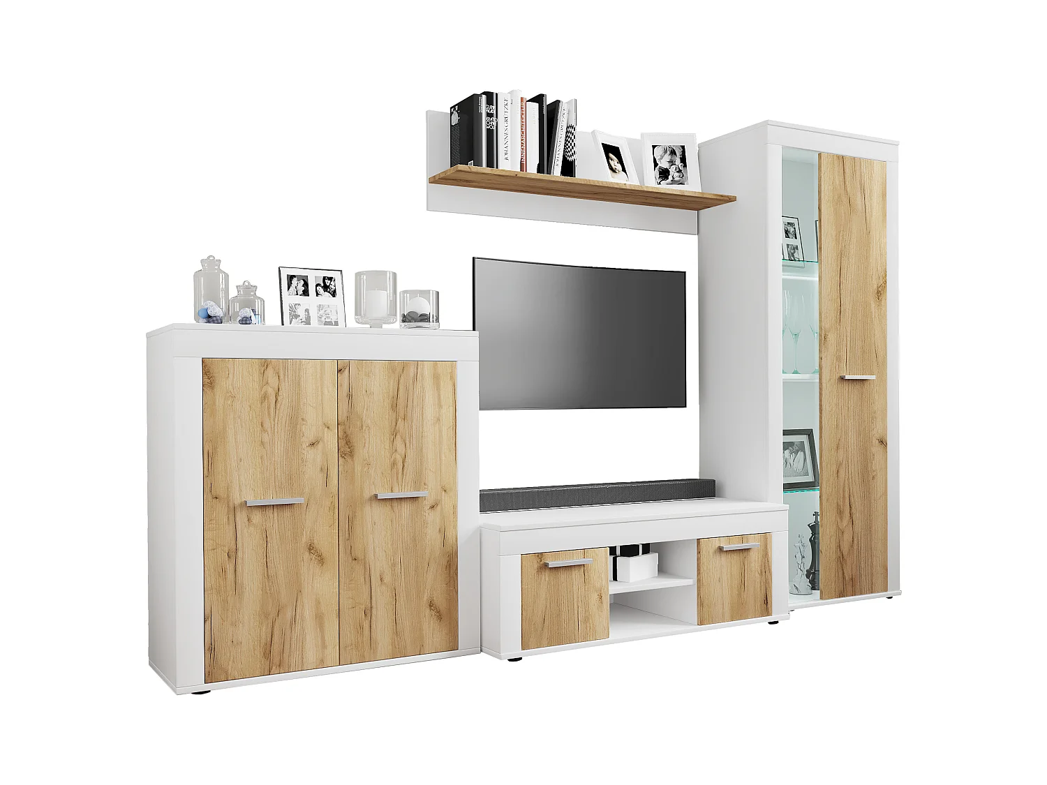 TV Furniture Usilo White / Honey oak H. 159 x W. 242 x D. 37 cm