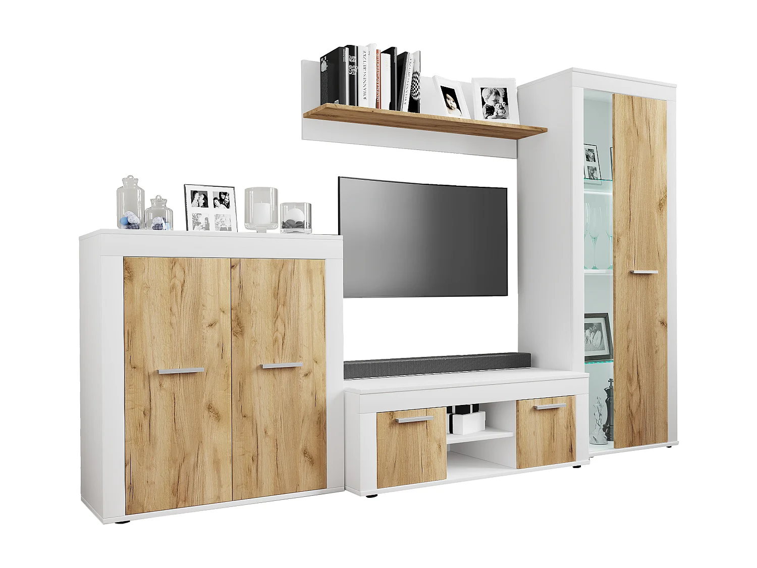 TV Furniture Usilo White / Honey oak H. 159 x W. 242 x D. 37 cm
