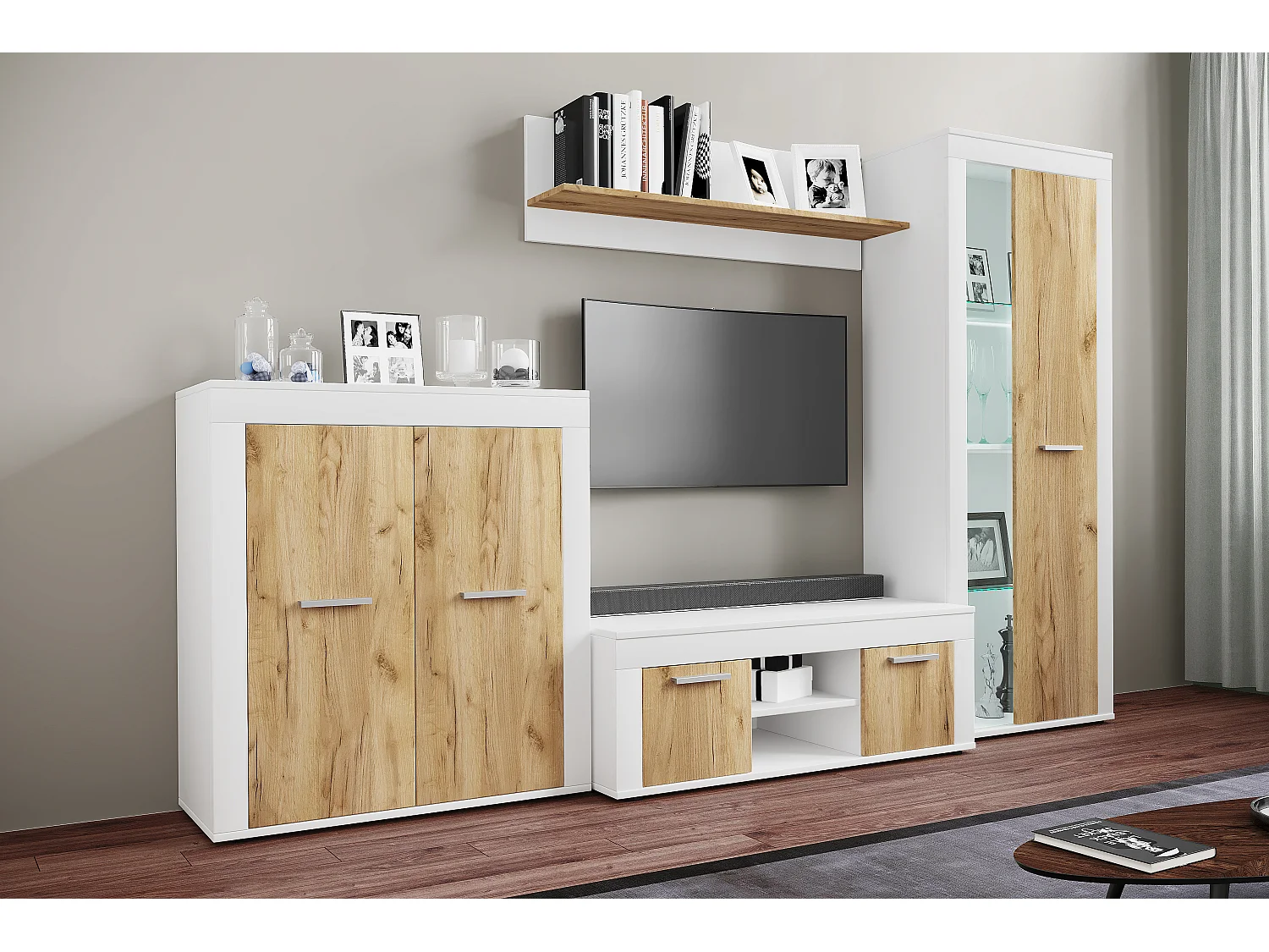 TV Furniture Usilo White / Honey oak H. 159 x W. 242 x D. 37 cm