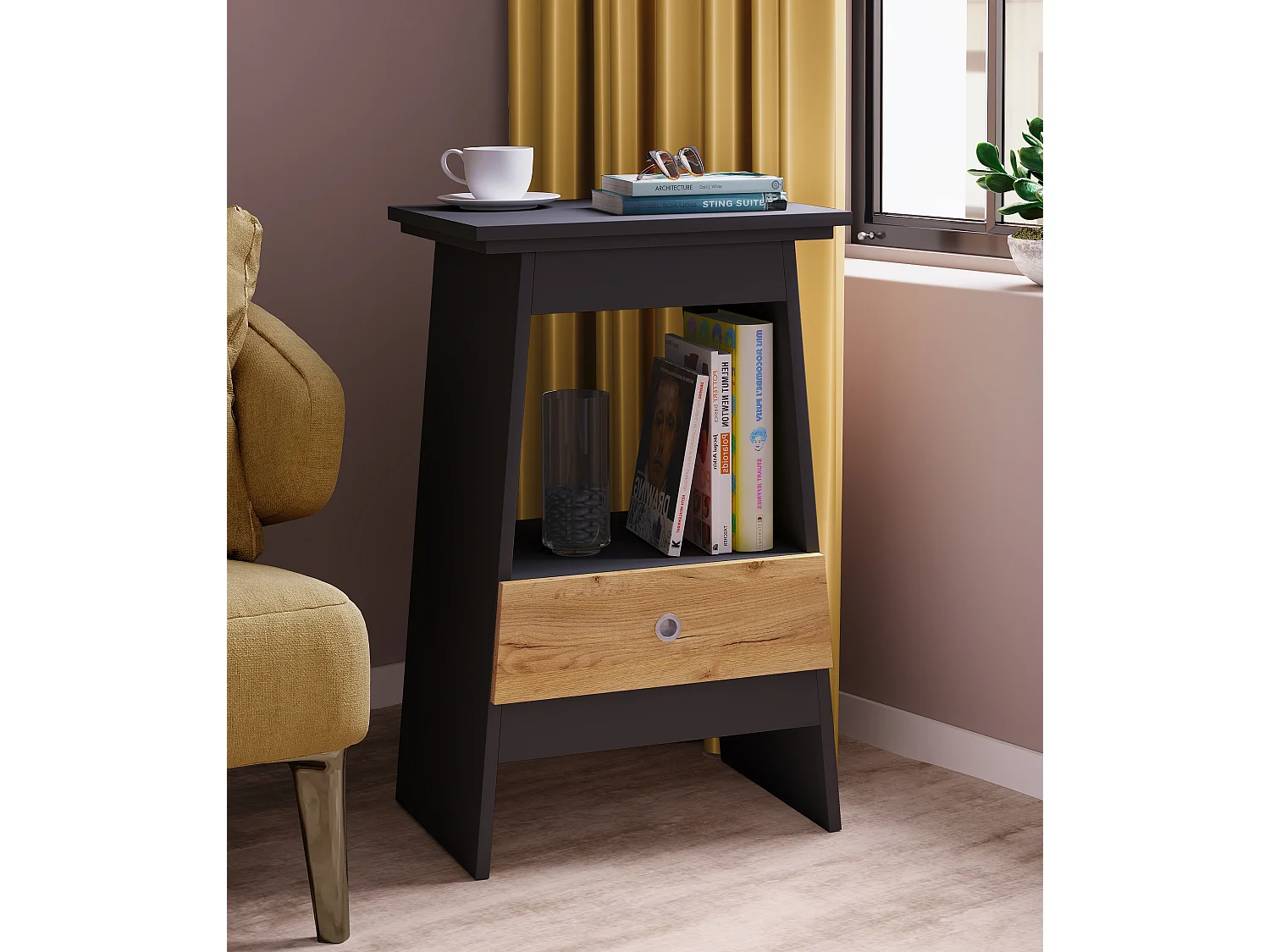 bedside table Spidali Anthracite / honey oak H. 73 x W. 45 x D. 35 cm