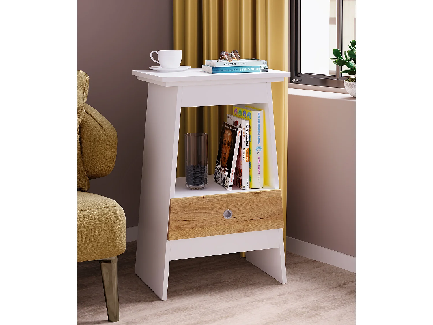 bedside table Spidali White / Honey oak H. 73 x W. 45 x D. 35 cm
