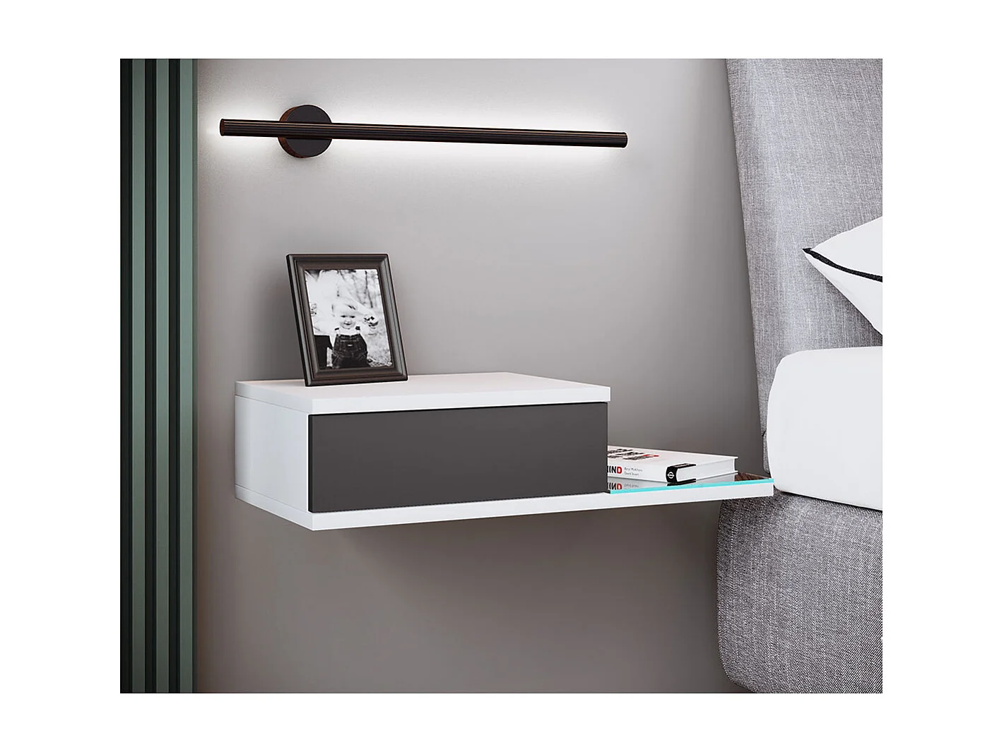 bedside table Konsila White / Anthracite H. 15 x W. 65 x D. 30 cm