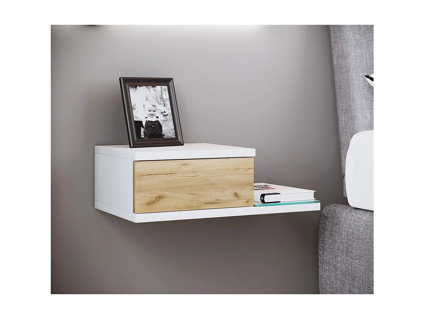 bedside table Konsila White / Honey oak H. 15 x W. 48 x D. 28 cm