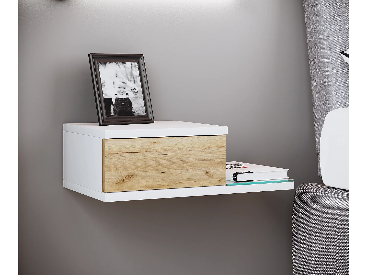 bedside table Konsila White / Honey oak H. 15 x W. 48 x D. 28 cm