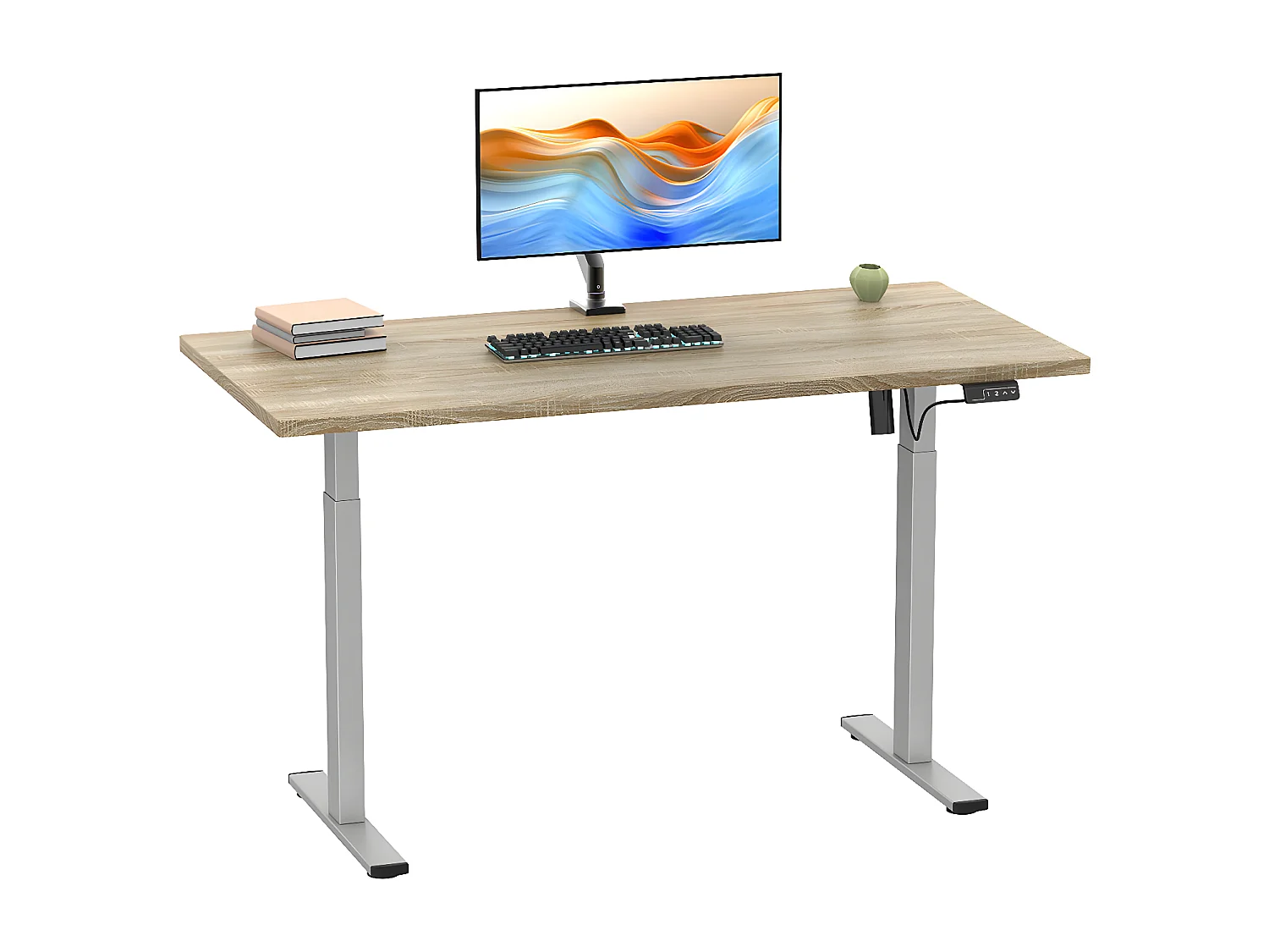 Secretária ajustável em altura VCM stepless eléctrica ajustável em altura Lona 140x80 prata (carvalho Sonoma)