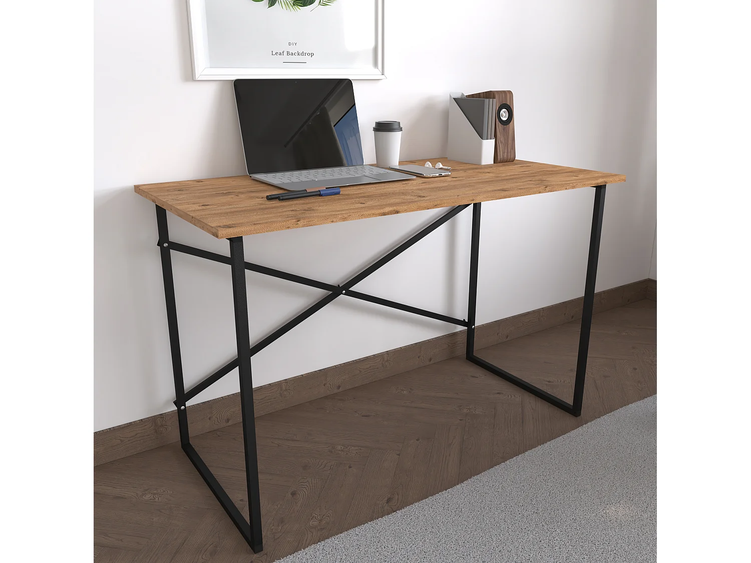 VCM Wood Metal Desk Mesa de Computador Mesa Mesa Escritório Escritório Styl Insasi (Honey Oak)