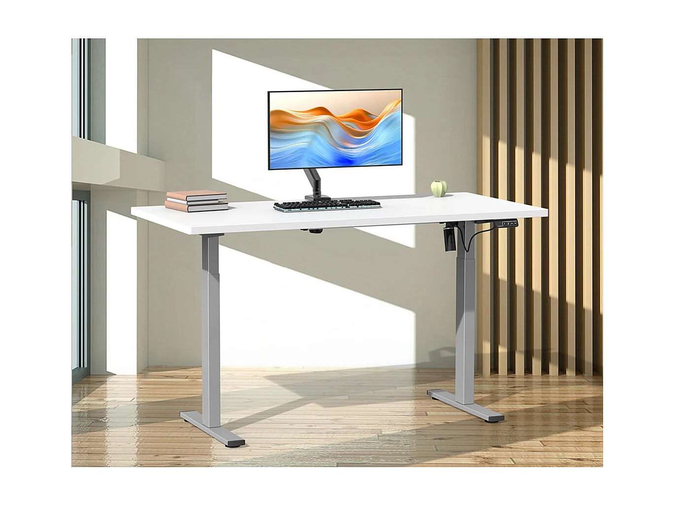 Mesa ajustável de altura VCM | Stepless 71-120 cm Altura elétrica ajustável | Dimensões do computador 140x50 | Lona Mesa de escritório (Prata / Branco)