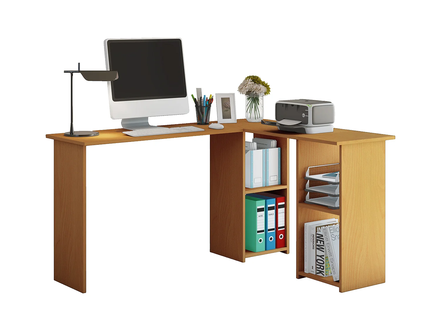 Bureau d'angle en bois VCM Bureau d'angle Bureau informatique Compartiment PC Lusias (hêtre)