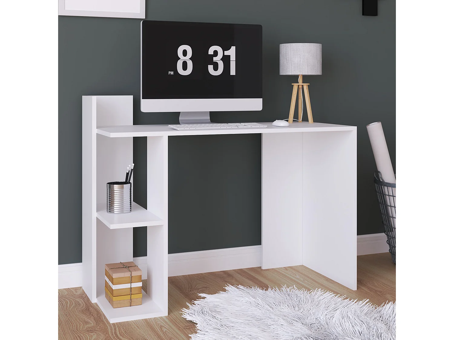 VCM Bureau en bois Table d'ordinateur Table de travail Table de rangement Sinkas (Blanc)