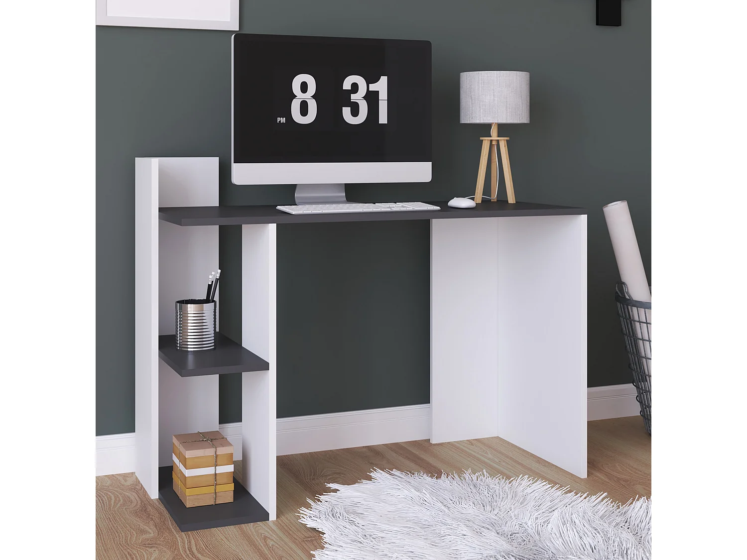 VCM Bureau en bois Table d'ordinateur Table de travail Table de rangement Sinkas (Blanc / Anthracite)