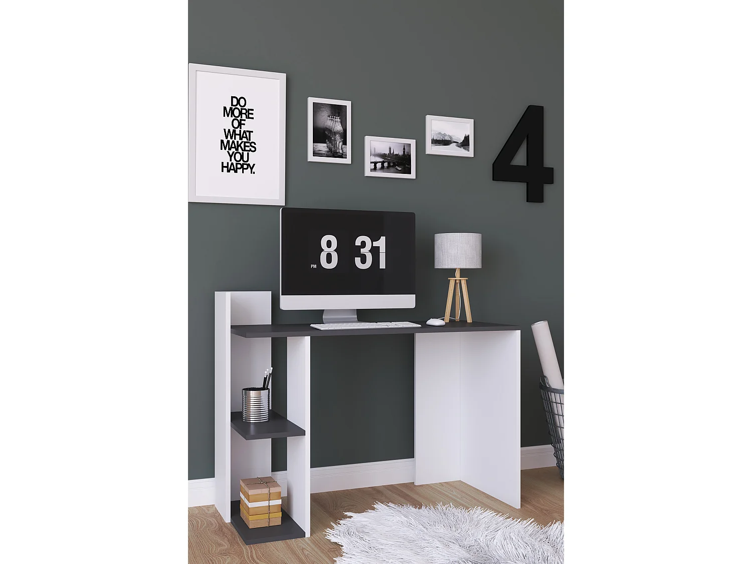 VCM Bureau en bois Table d'ordinateur Table de travail Table de rangement Sinkas (Blanc / Anthracite)