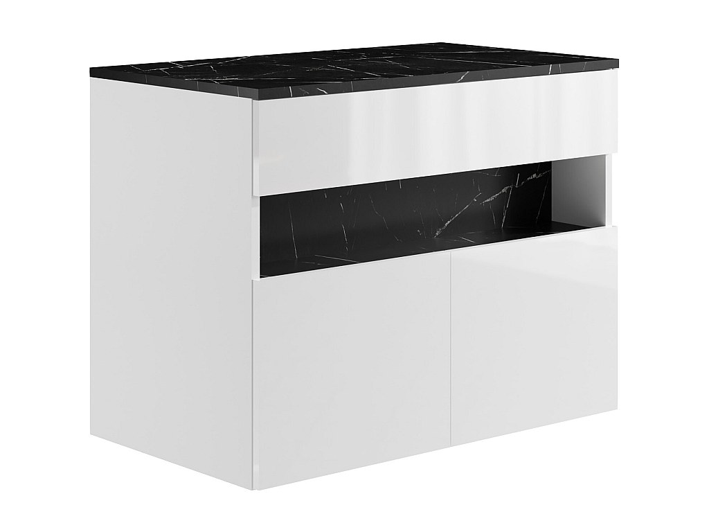 Waschbeckenunterschrank hängend mit Aufsatzplatte - mit LED-Beleuchtung - Weiß & Schwarz - Marmor-Optik - 80 cm - POZEGA