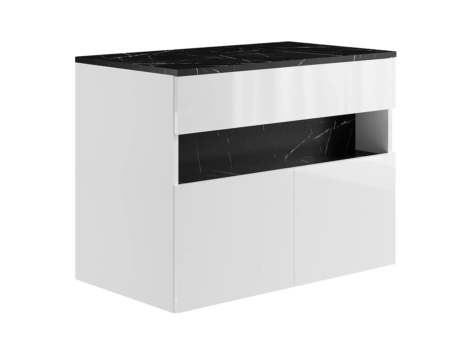 Meuble sous vasque suspendu à LEDs avec planche - Blanc et noir effet marbre - L80 cm - POZEGA