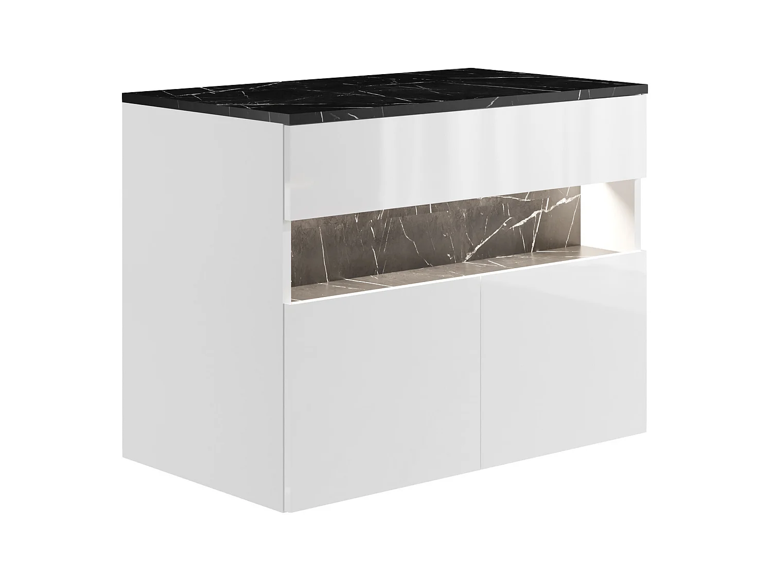 Mueble de baño flotante con luces LED y encimera - Blanco y negro efecto mármol - Ancho 80 cm - POZEGA