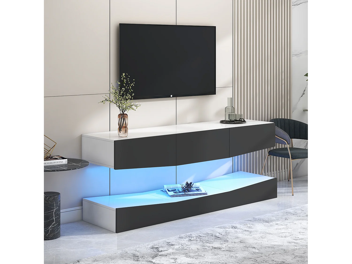 Hangend tv-meubel - LED's - deeltjespanelen - moderne stijl - grijs en wit