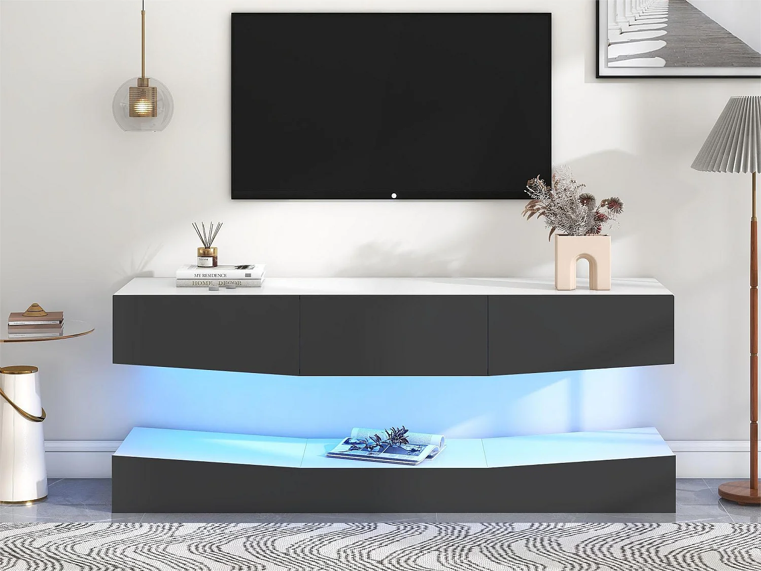 Hangend tv-meubel - LED's - deeltjespanelen - moderne stijl - grijs en wit