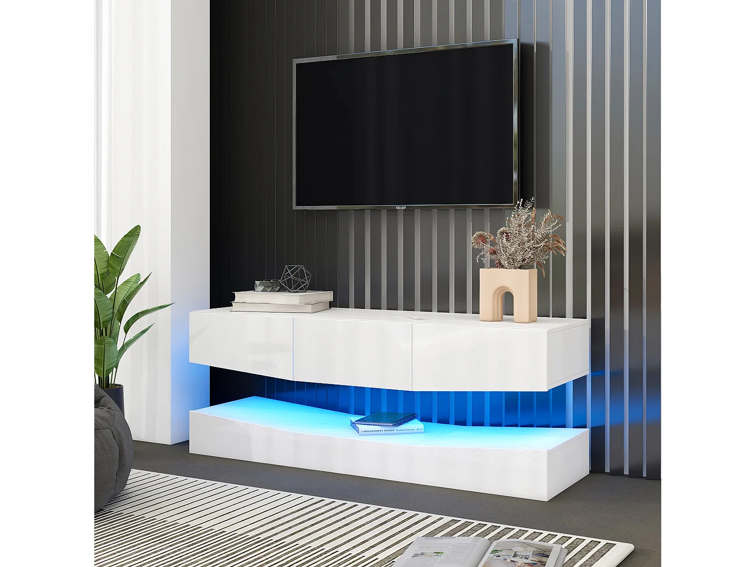 Meuble TV suspendu - laqué brillant - LEDs - panneaux de particules - blanc