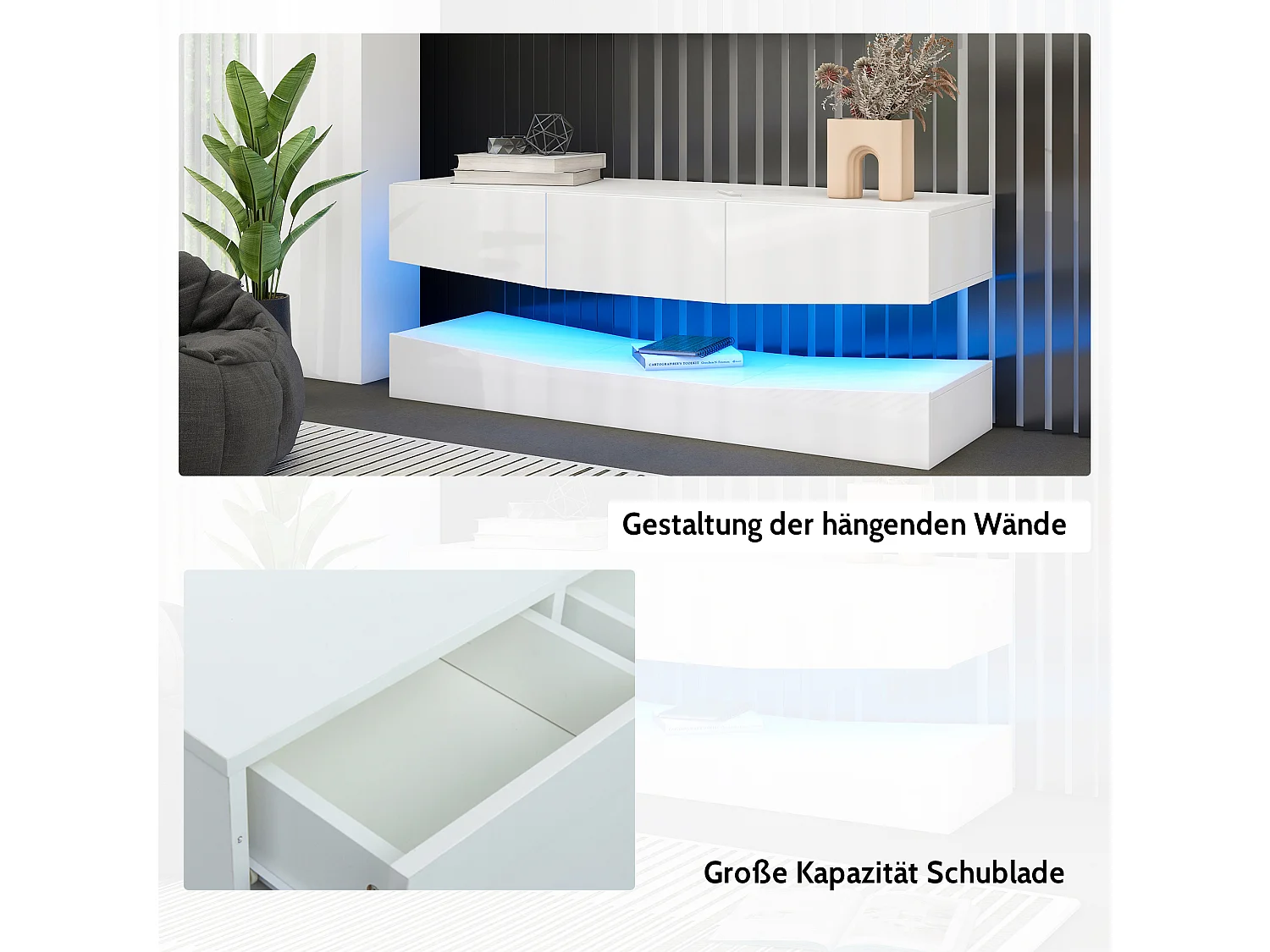 Meuble TV suspendu - laqué brillant - LEDs - panneaux de particules - blanc