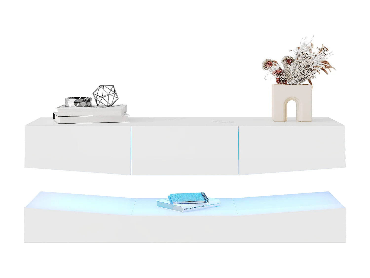 Meuble TV suspendu - laqué brillant - LEDs - panneaux de particules - blanc