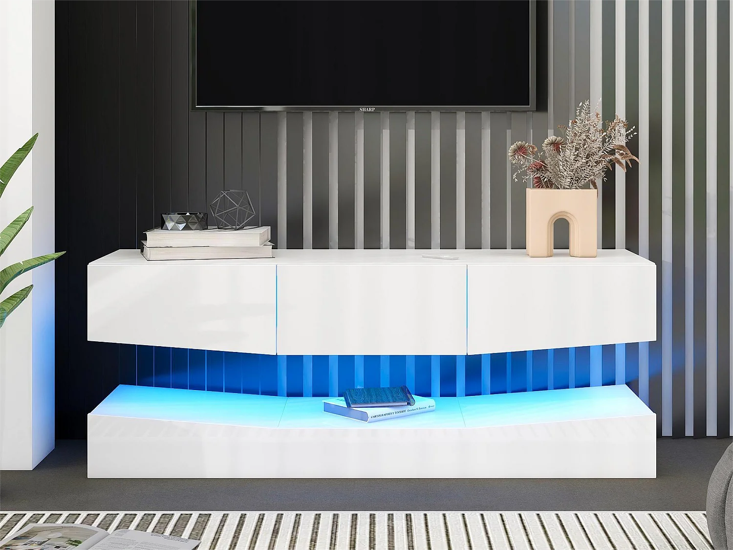 Meuble TV suspendu - laqué brillant - LEDs - panneaux de particules - blanc