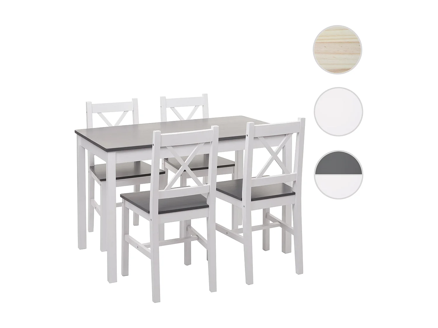 Set tavolo con 4x sedie country classica cucina soggiorno MCW-F77 legno massello bianco e grigio
