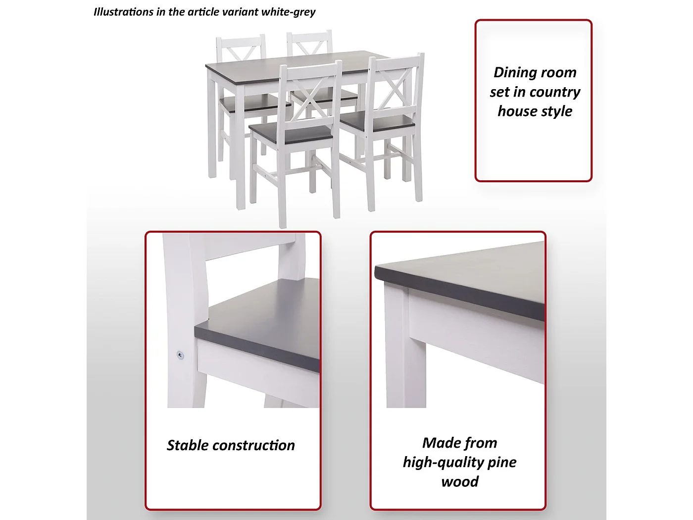 Ensemble de salle à manger MCW-F77 (5 pièces),  bois de pin finition lasure