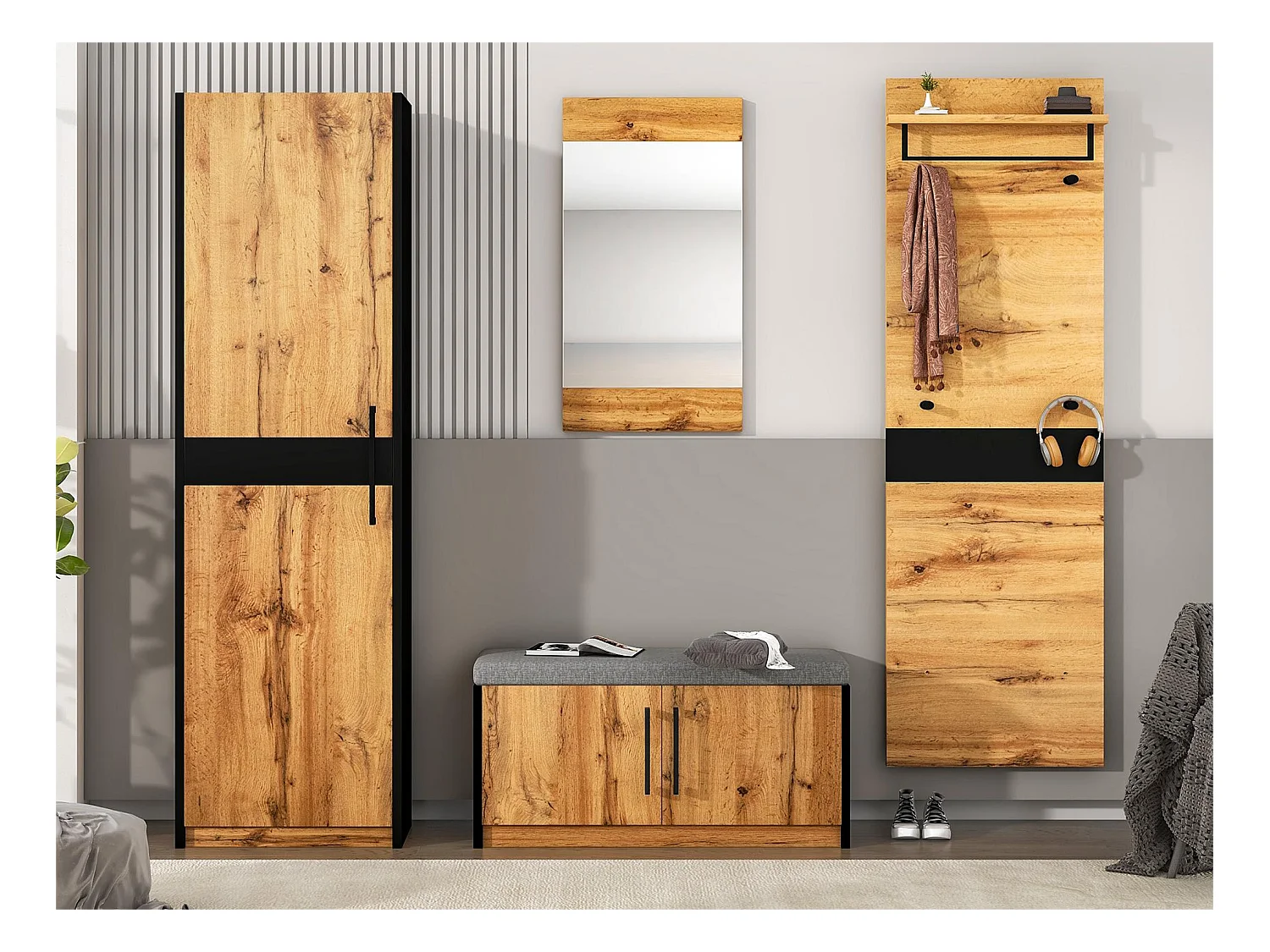 Ensemble meuble d'entrée - Vestiaire - banc à chaussures + miroir + porte-manteau + armoir - Chêne