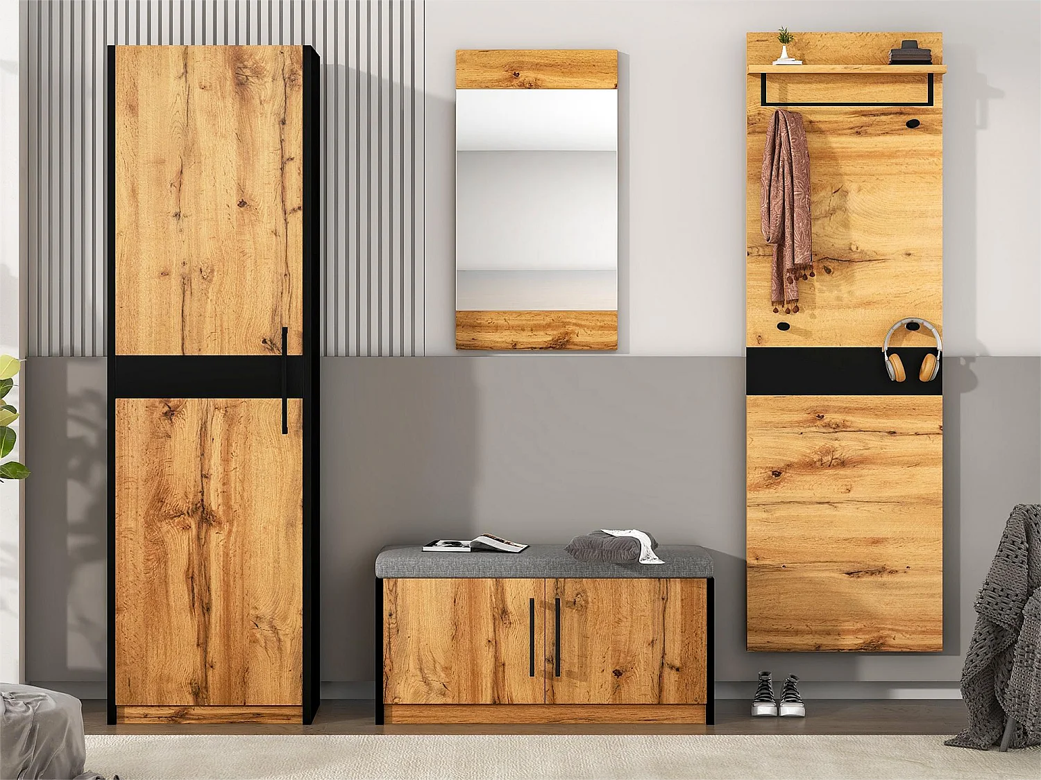 Ensemble meuble d'entrée - Vestiaire - banc à chaussures + miroir + porte-manteau + armoir - Chêne